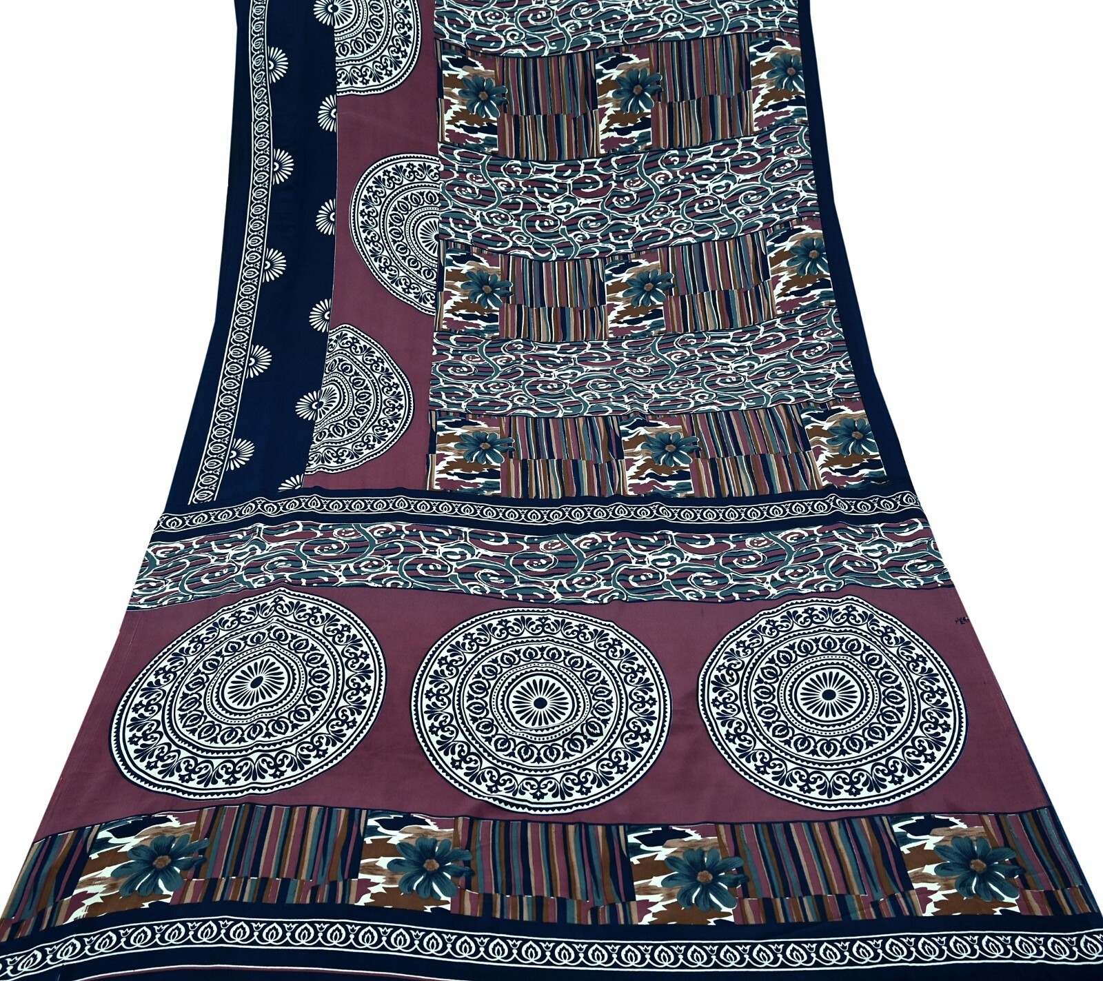 Vintage Sari Pink & Blue Moss Crepe Printed Sarees Craft Fabric 5yd Sewing Soft