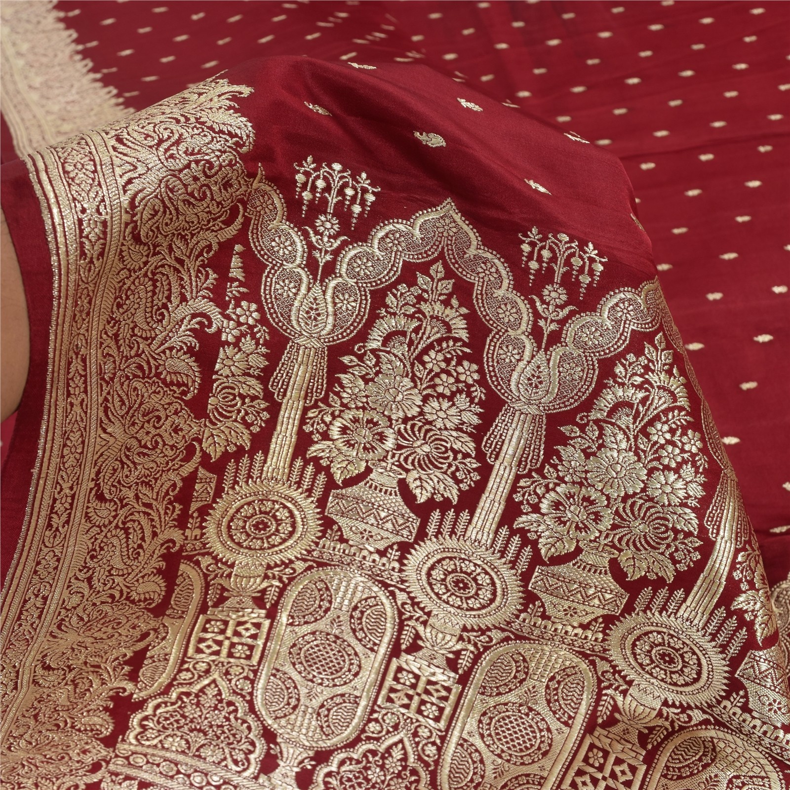 Sanskriti Vintage Red Sarees Pure Satin Silk Woven Banarasi Brocade Fabric Sari