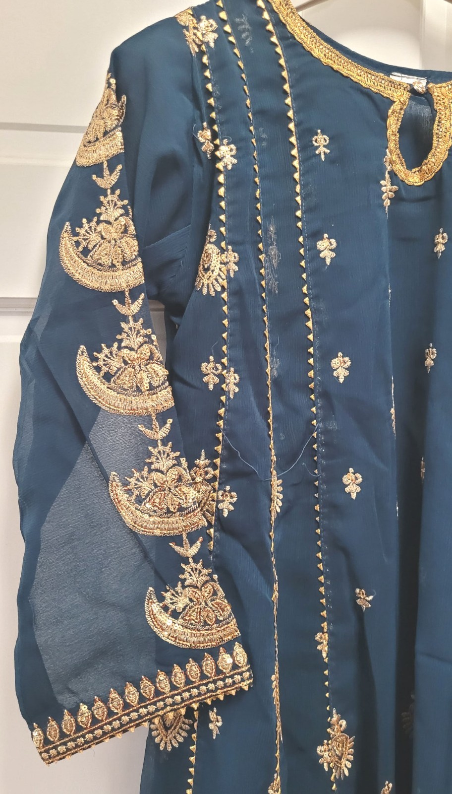 3pc Embroidered Sequin Cotton Chiffon Salwar Kameez & Dupatta – Navy Blue – S