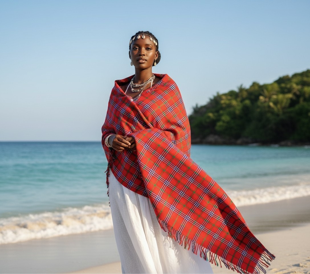 Blanket Throw, Picnic African Clothing fmen women,Maasai Shuka red multi checked