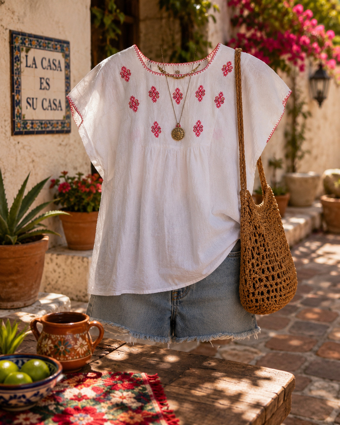Mexican Huipil Blouse Hand Embroidered Manta Cotton Oaxaca Boho Folk Top