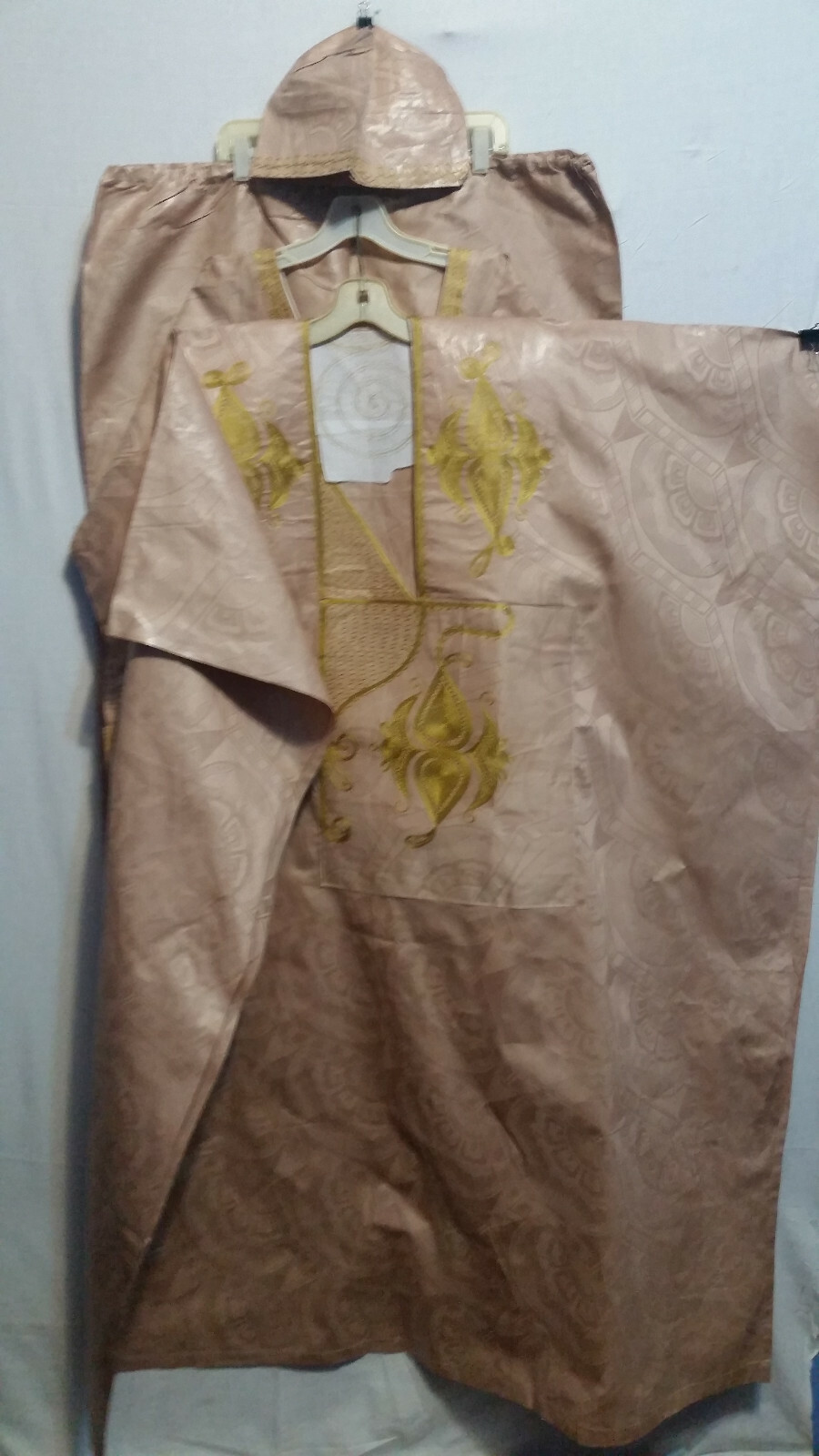 Men Grand Boubou Pant Suit w/ Hat African Brocade Beige Gold Free Size