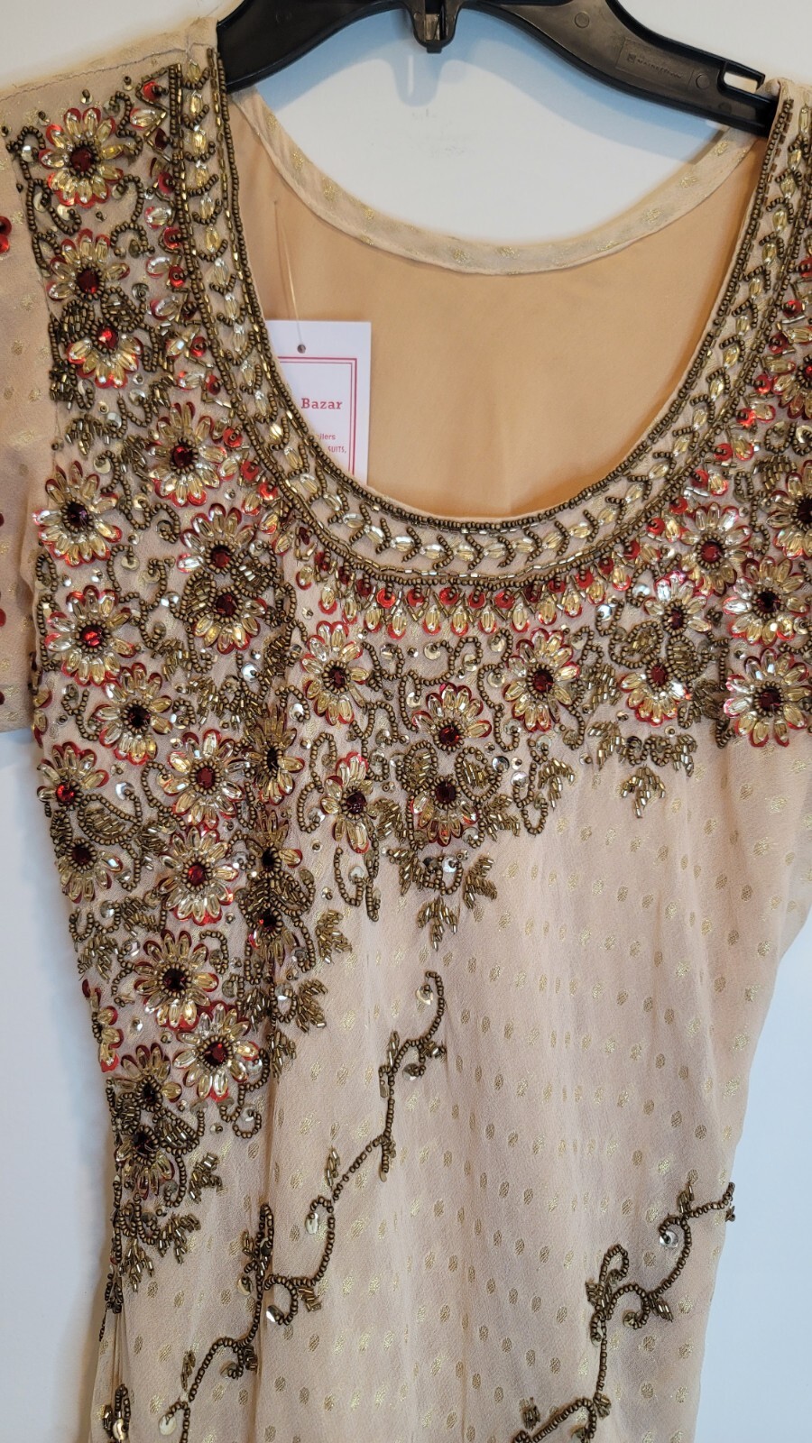 Indian Anarkali Pakistani Midi Dress Red Gold Beige Beaded Sequin Layered New