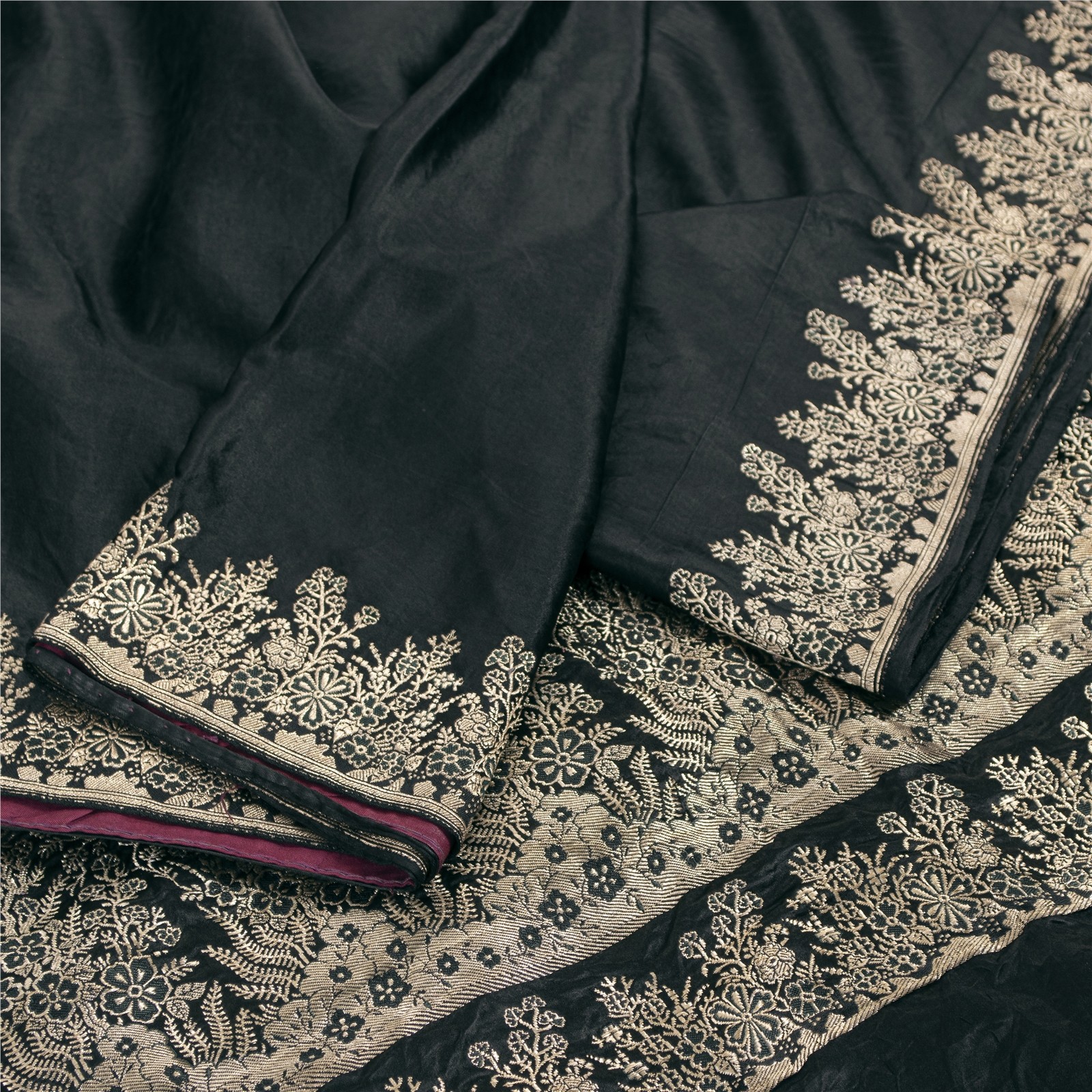 Sanskriti Vintage Sarees Blackbanarasi Brocade Zari Woven Pure Satin Sari Fabric