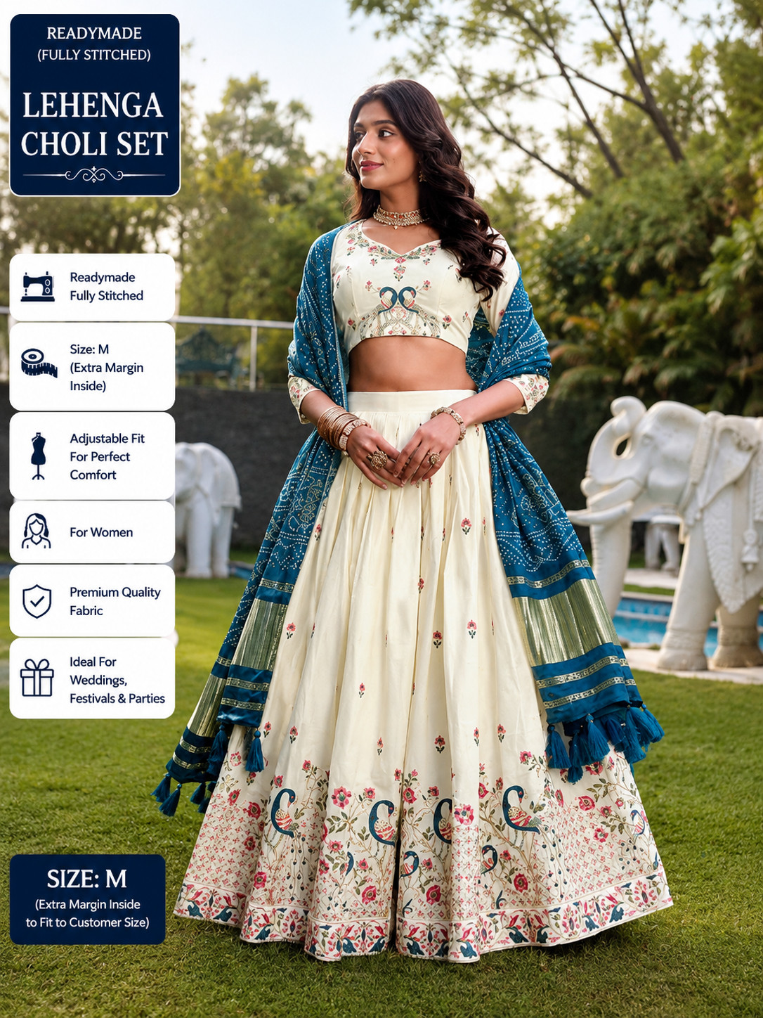 Women’s Readymade Full Stitched Cream Peacock Embroidered Lehenga Choli M