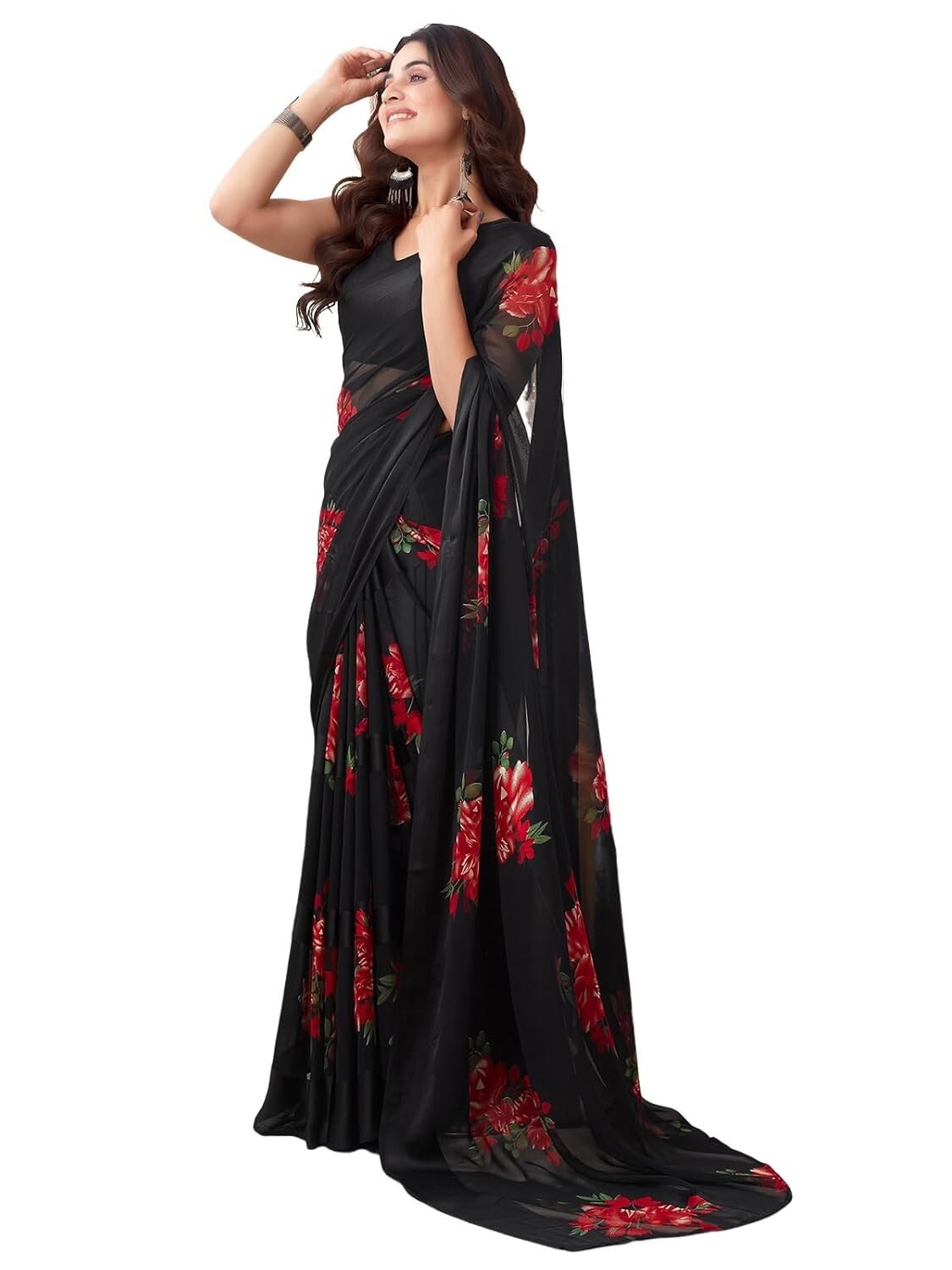 Women’s Georgette Floral Printed Satin Stripe Saree with Unstitched Blouse Piece