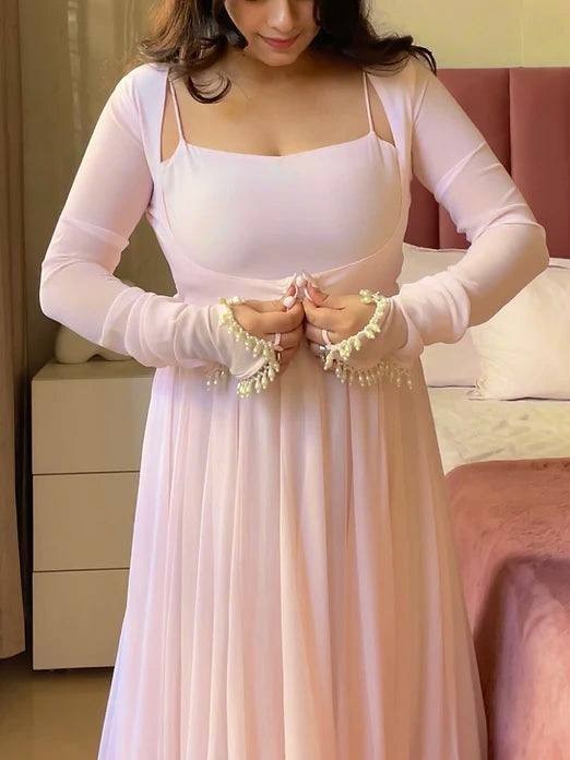 Designer Baby Pink Anarkali Gown Floor Length Ethnic Wedding Party Wear Dress