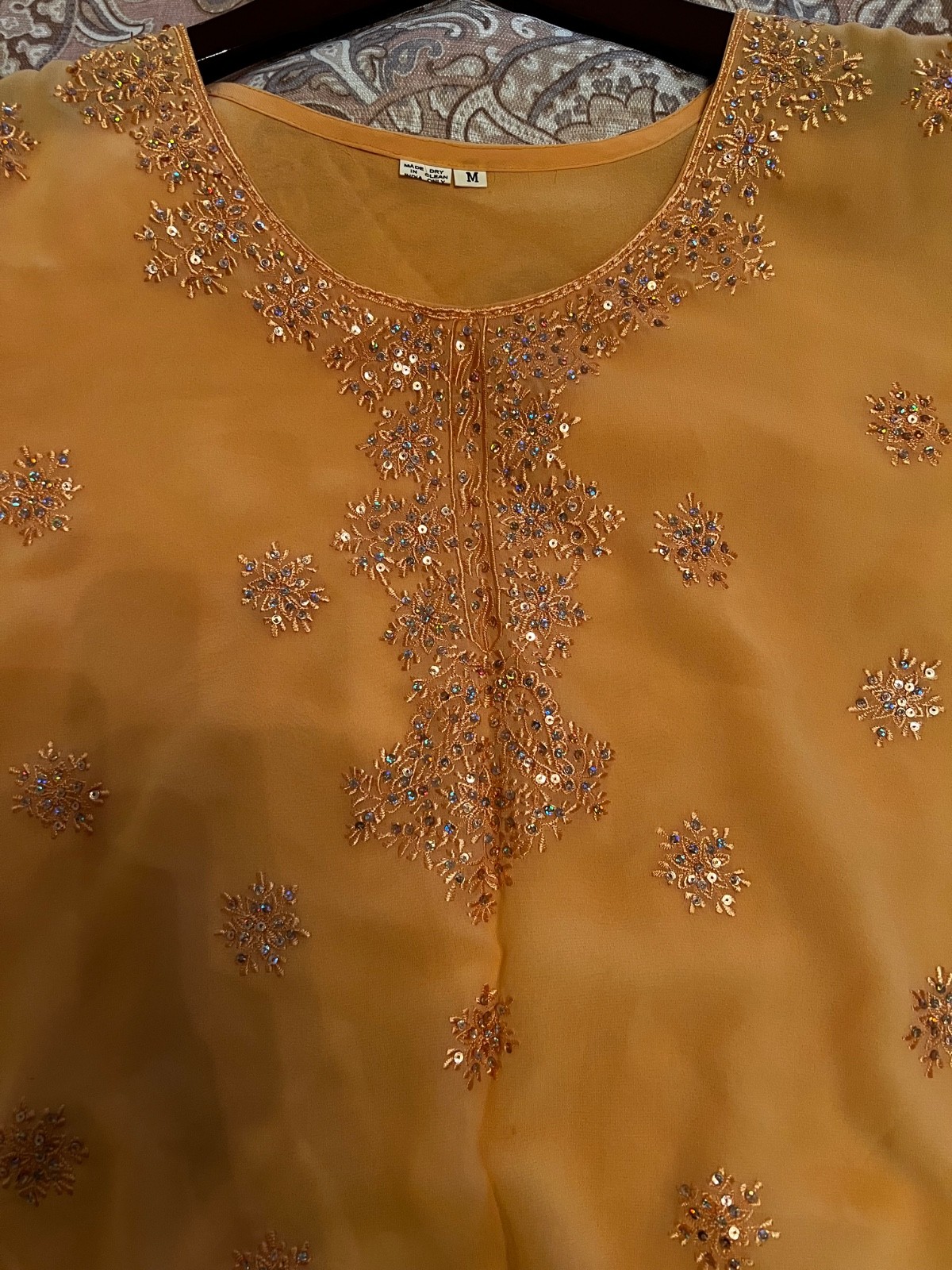 Peach Kurti top with embellishment and embroidery -Medium