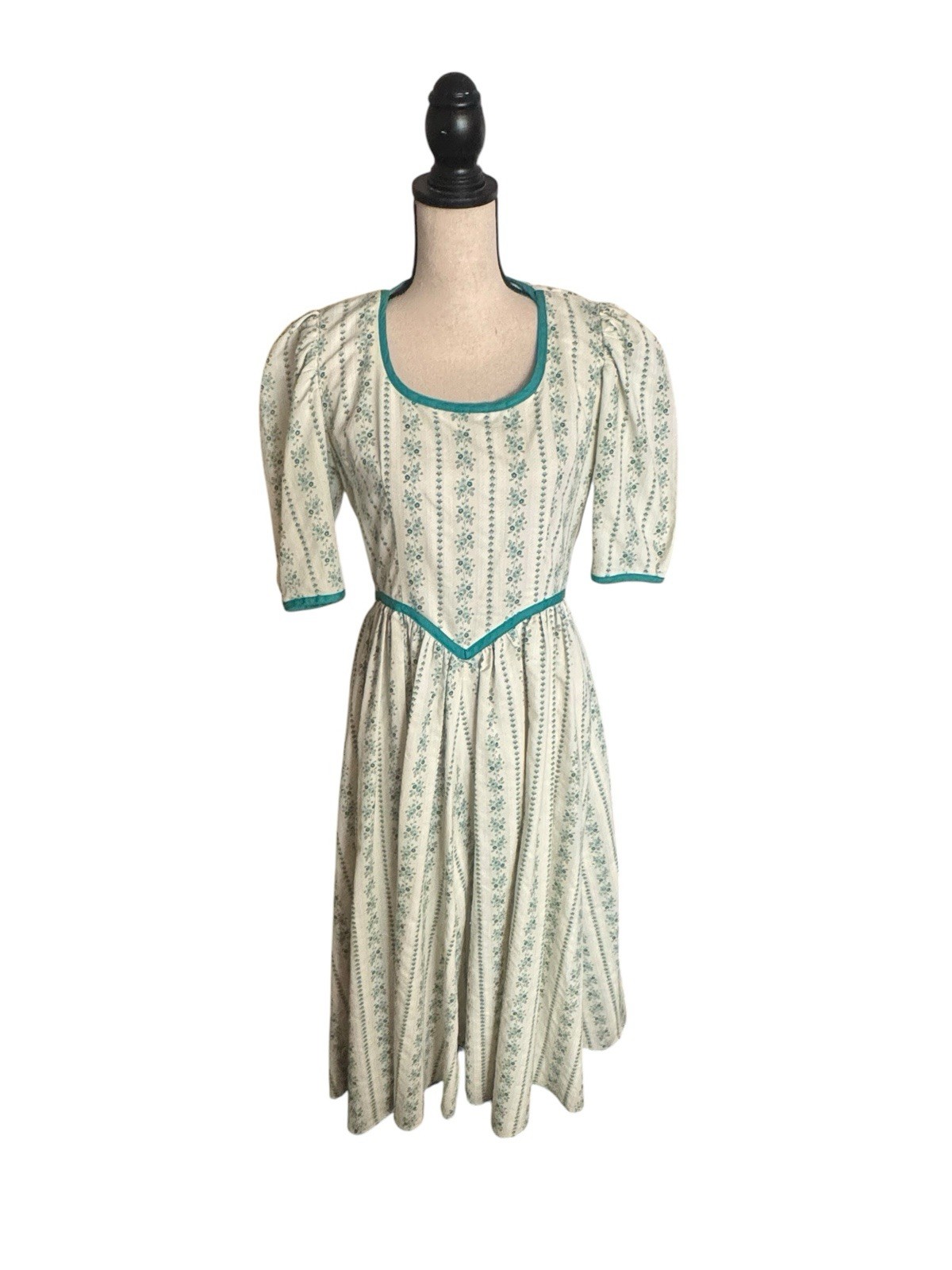Handmade Women’s German Dirndl Dress Green Floral Striped Puff Sleeve S