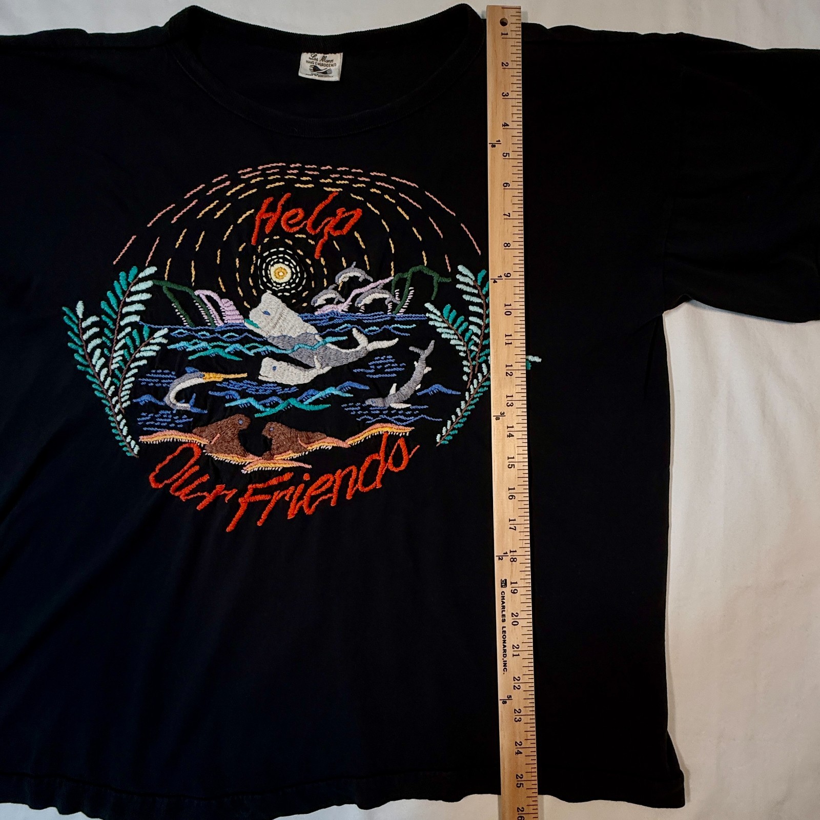 Guatemalan Sz XL (Women) Sz L (Men) Embroidered Black T-shirt Eco Ocean Animals