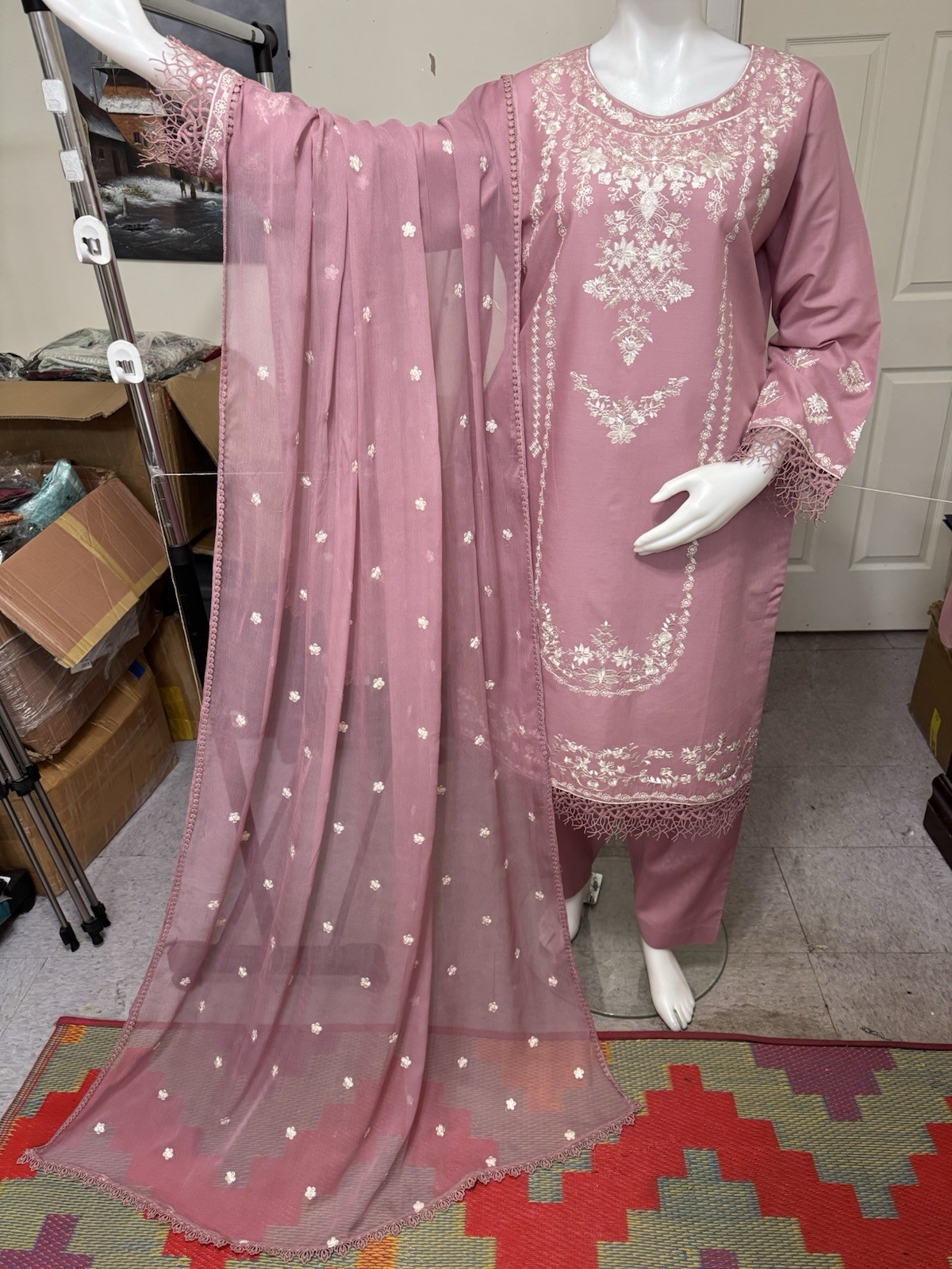 Pakistani Cotton Embroidered Suit Chiffon Dupatta/3piece Party Wear Cotton Dress