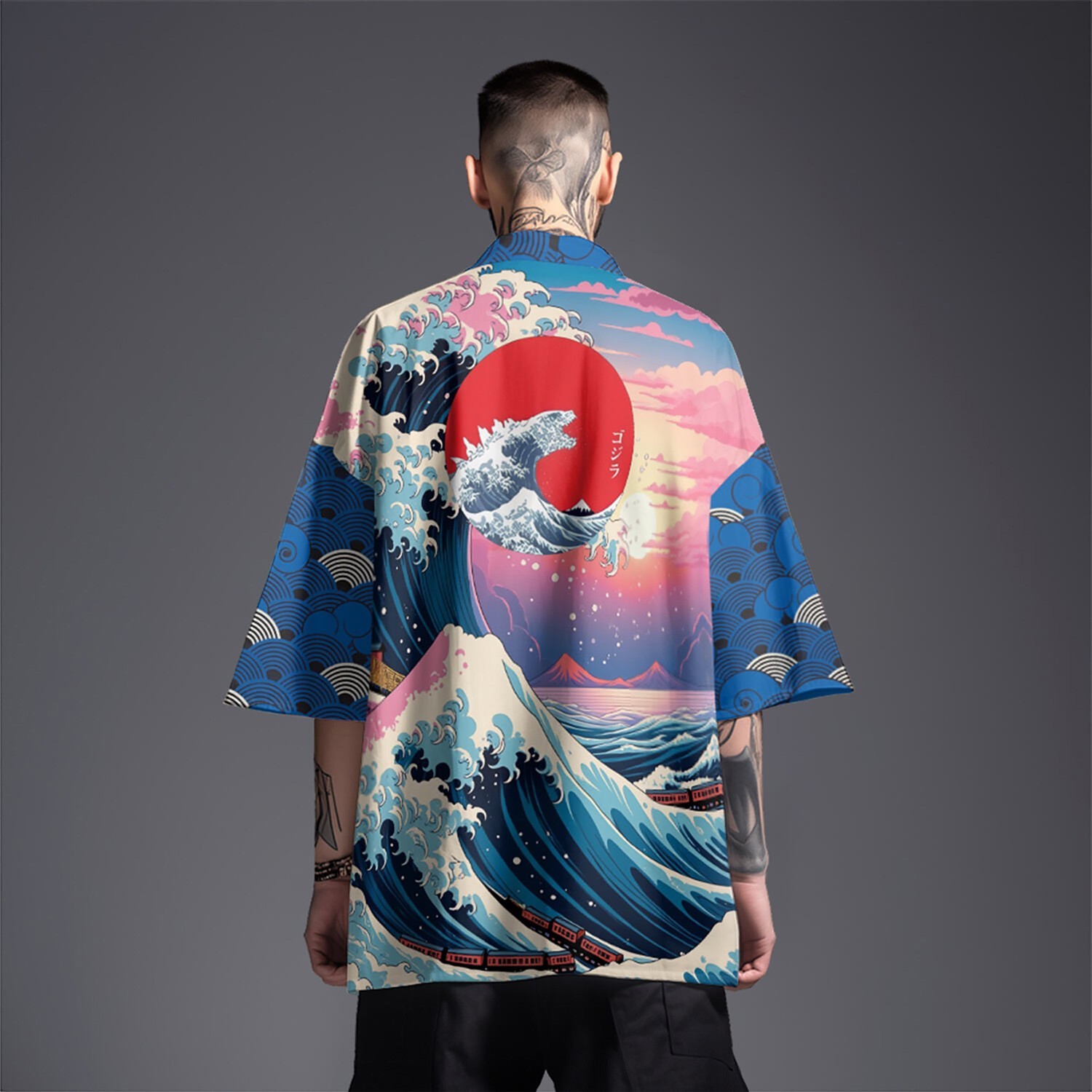 Niepce Men’s Japanese Graphic Lightweight Blue Waves Kimono Cardigan Shirt Top