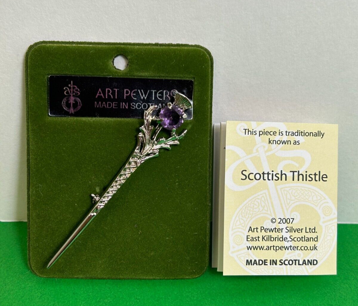 ART PEWTER MADE IN SCOTLAND SCOTTISH THISTLE KILT PIN/BROOCH W/ PURPLE STONE