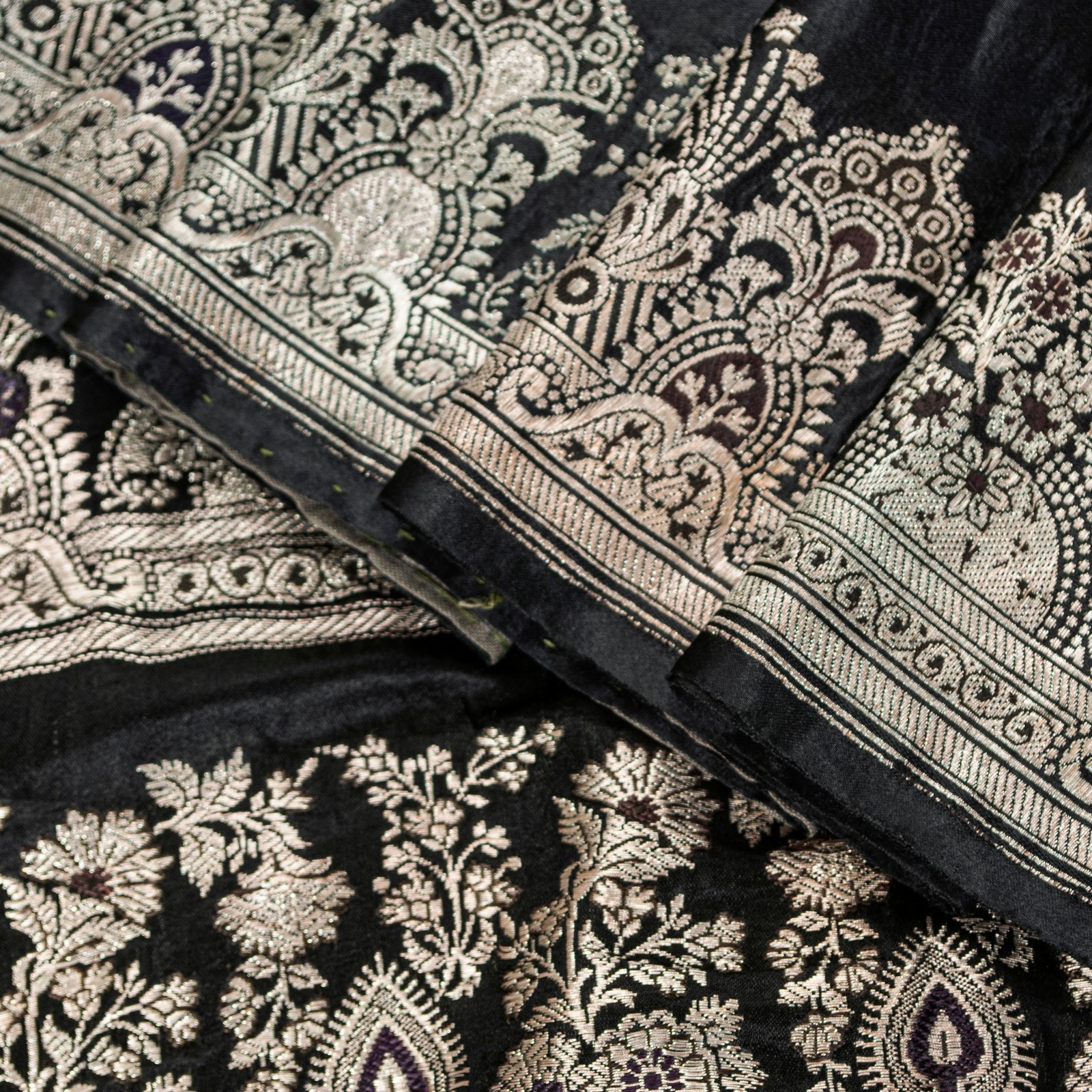 Sanskriti Vintage Black Pure Satin Sarees Banarasi Brocade Zari Hand-Woven 5+Yd