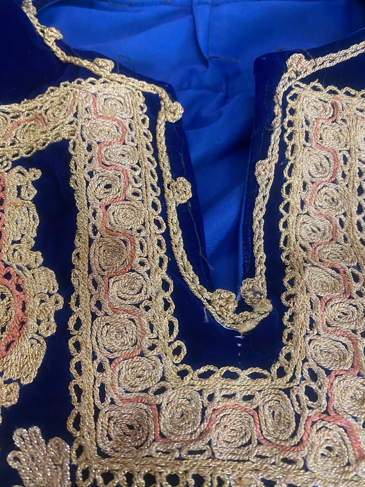 Traditional Old Palestinian Dress in Indigo Color Qasab Embroidery – Handmade
