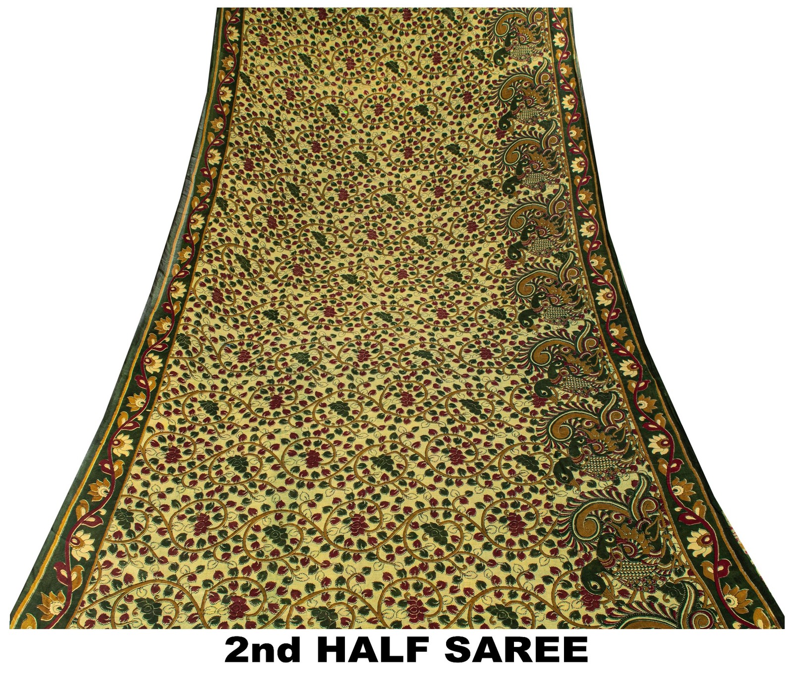 Sanskriti Vintage Cream Saree Pure Cotton Hand Block Kalamakari Peacock Sari 5.5