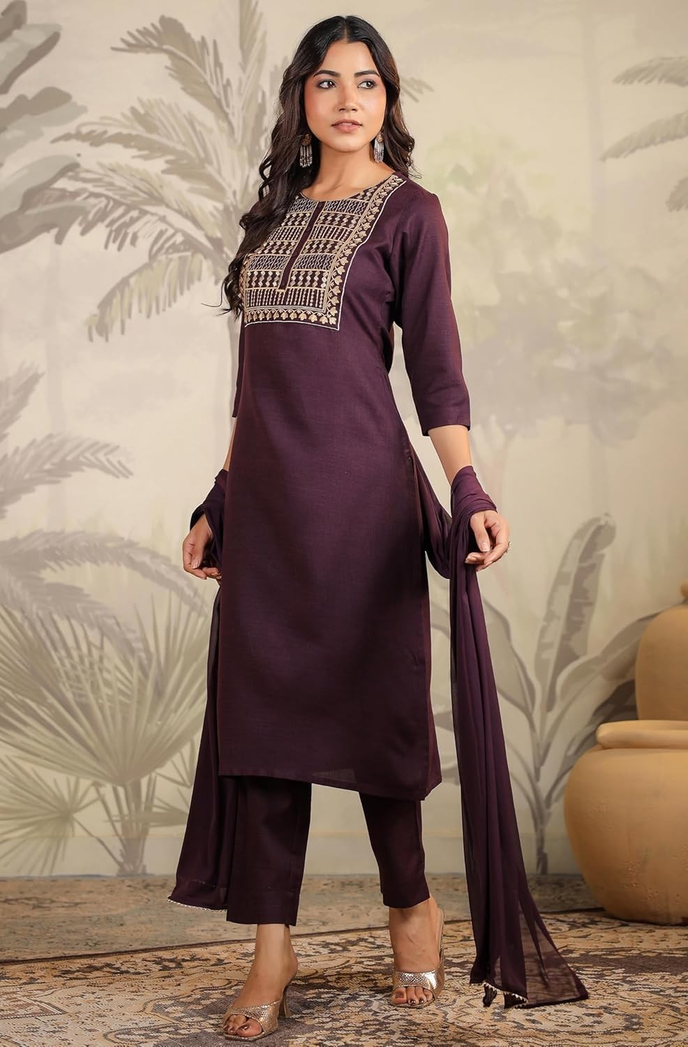 Women’s Cotton Blend Yoke Embroidered Straight Kurta Set
