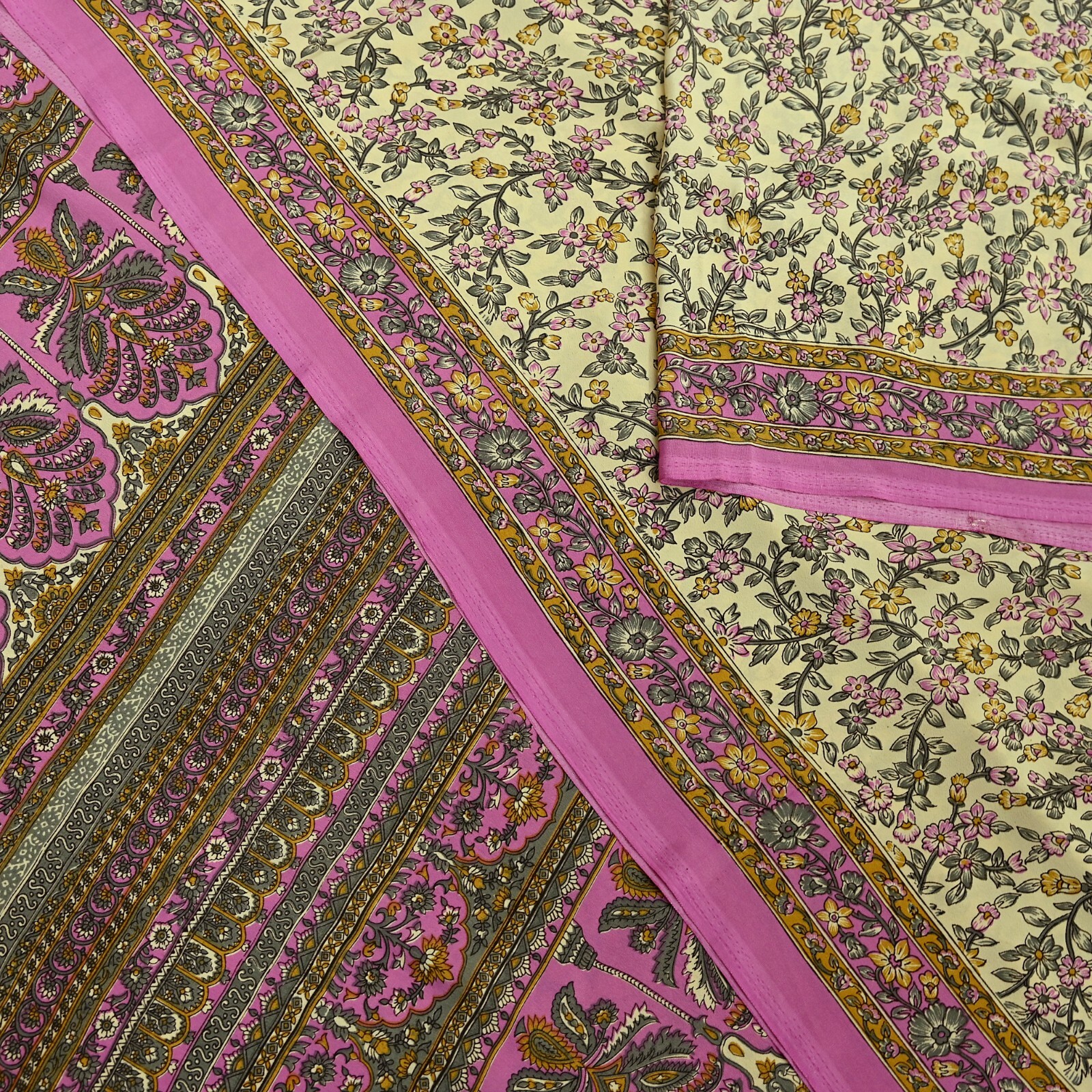 Vintage Sari Ivory & Pink Moss Crepe Printed Sarees 5yd Craft Fabric Sewing Soft