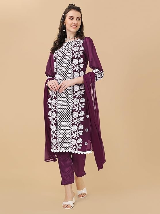 Women Wine Chikankari Lucknawi Kurta With Pants & Dupatta , Salwar Kameez Top