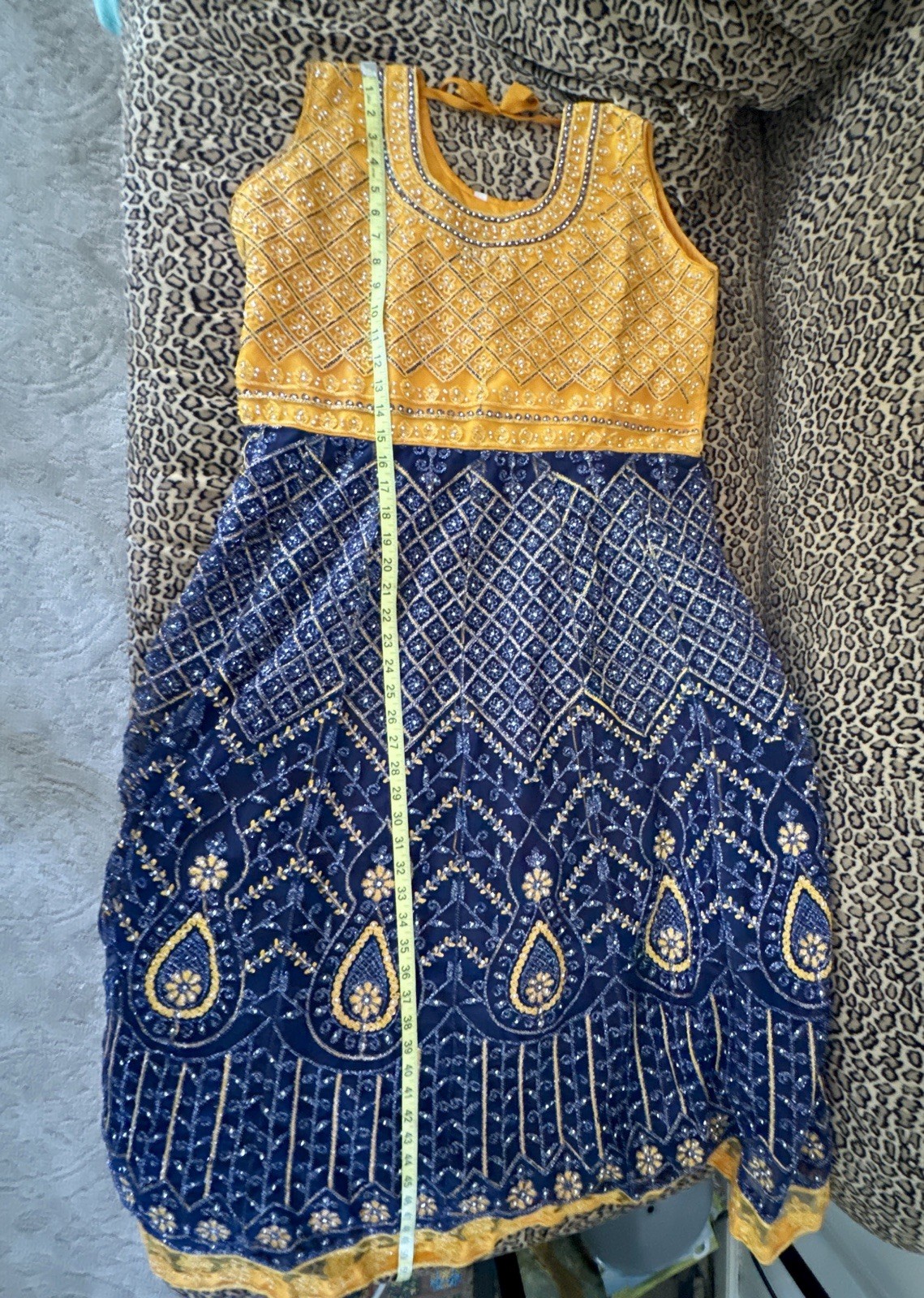 Handmade Anarkali Women’s XL Blue Gold Net Cotton Blend Salwar Kameez Dress