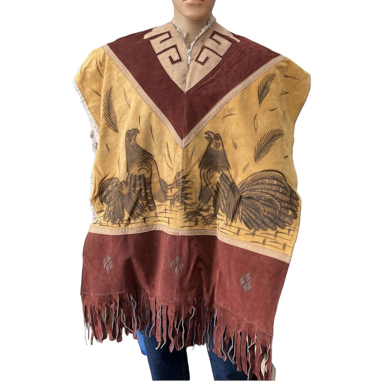 Poncho Genuine Leather/ Gaban Artesanal Horse/ Virgen Mary/Aztec/ Rooster