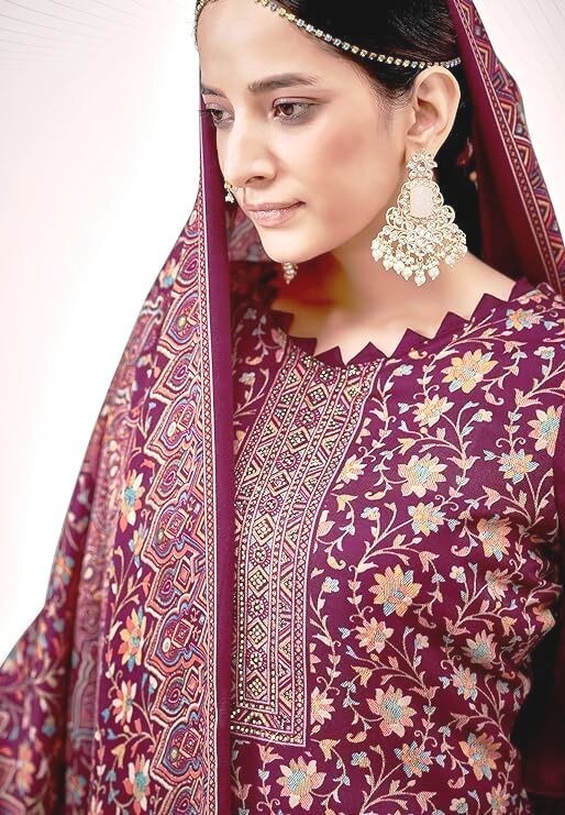 Women Un-stitched Kashmiri Salwar Suit- Heavy Wool 100% Pashmina- Swarovski Art