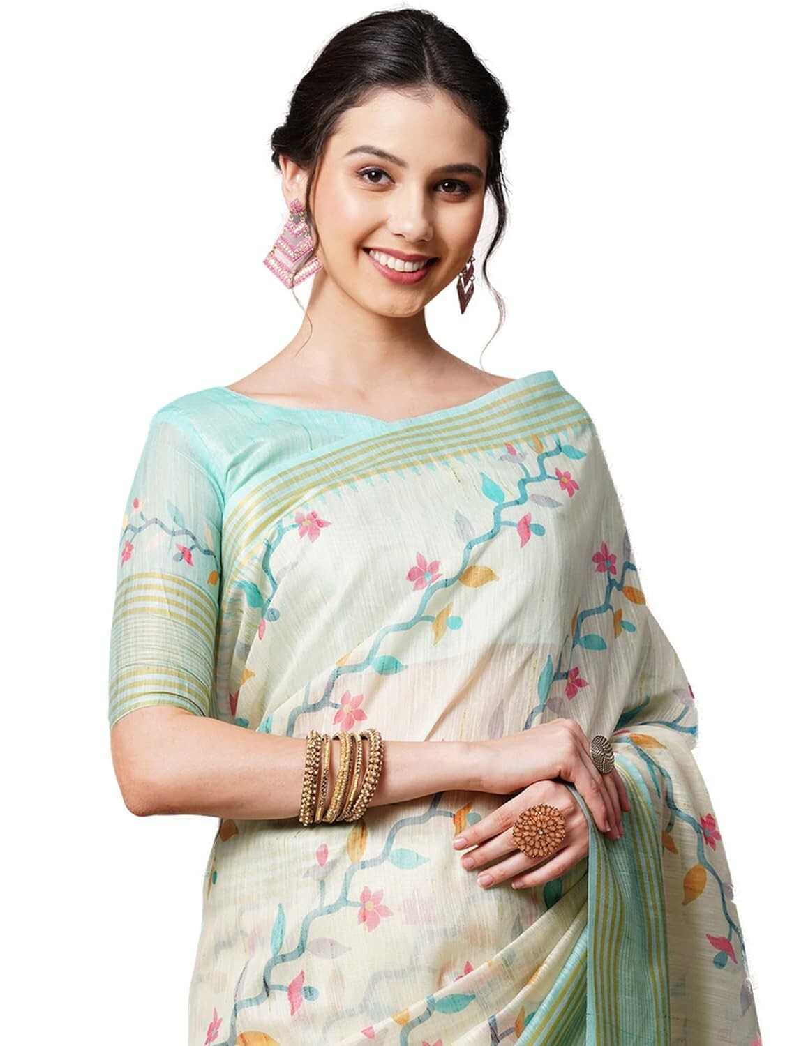 Women’s Linen Floral Printed Saree with Unstitched Blouse Piece