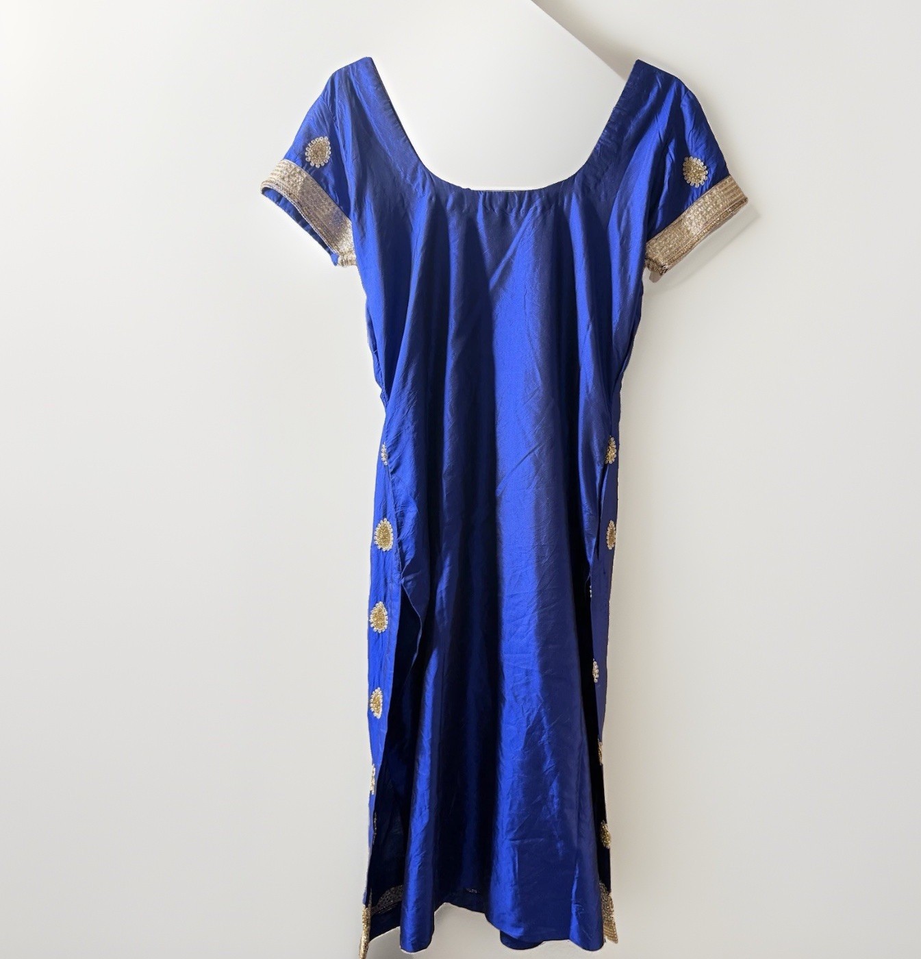 Royal Blue Gold Embroidered Silk Salwar Kameez Tunic Kurti Top Wedding Diwali XS