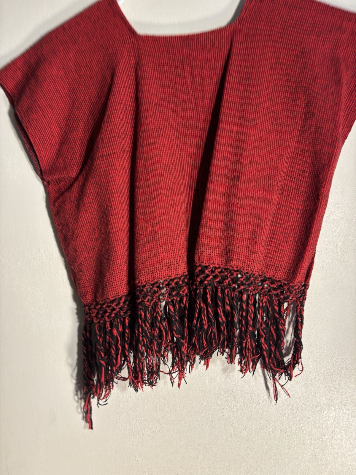 Handmade Red Cotton Latin American Poncho with Fringe for Unisex Adults