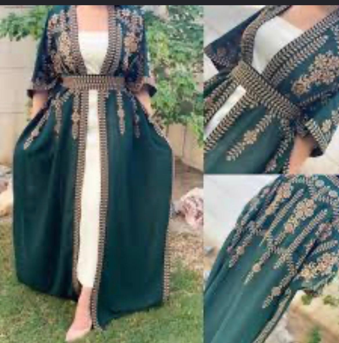 Dark Green Kaftan Abaya with Traditional Jordanian Heritage Embroidery