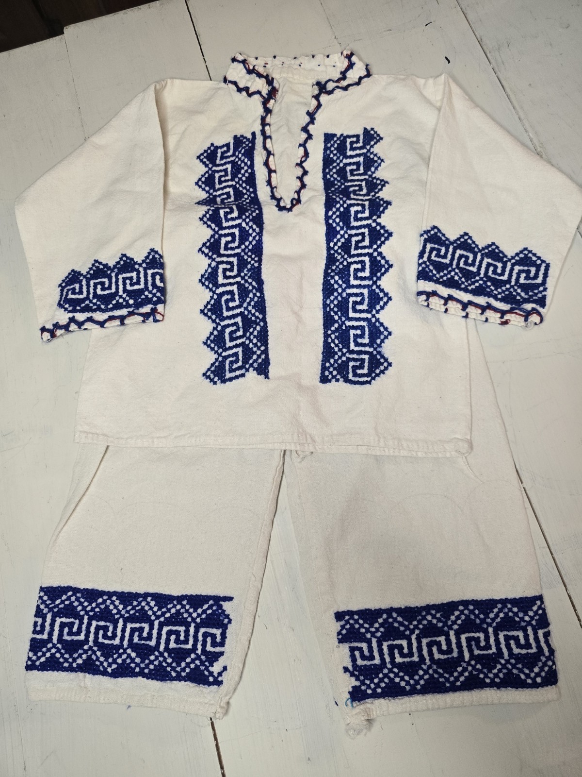 Kids Eastern European Traditional Embroidered Costume 2pc Tunic Pants Blue White