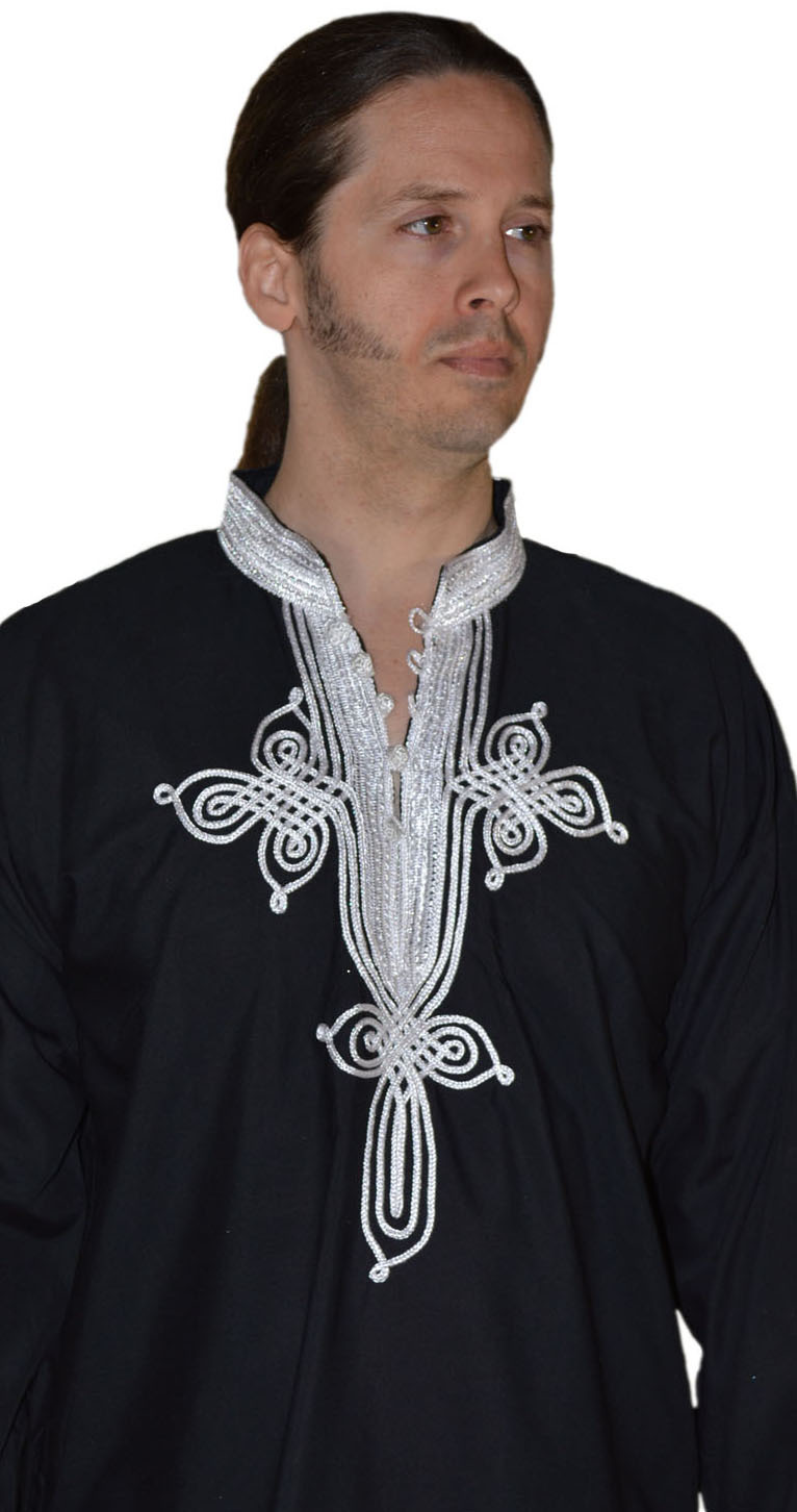 Moroccan Men Tunic Shirt Cafan Casual Handmade Embroidered Cotton MED/LG Black