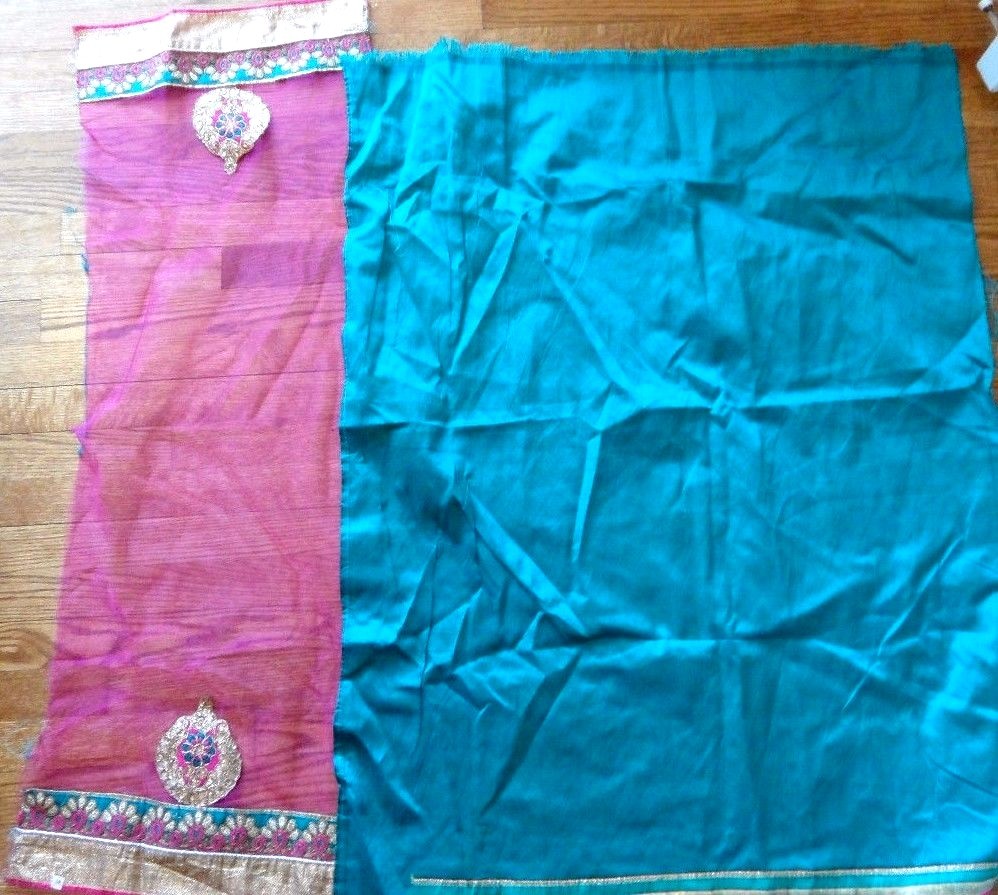 GOLD PINK SAREE FUCHSIA ART BHAGALPURI JACQUARD FABRIC EMBROIDERED TEAL WEDDING