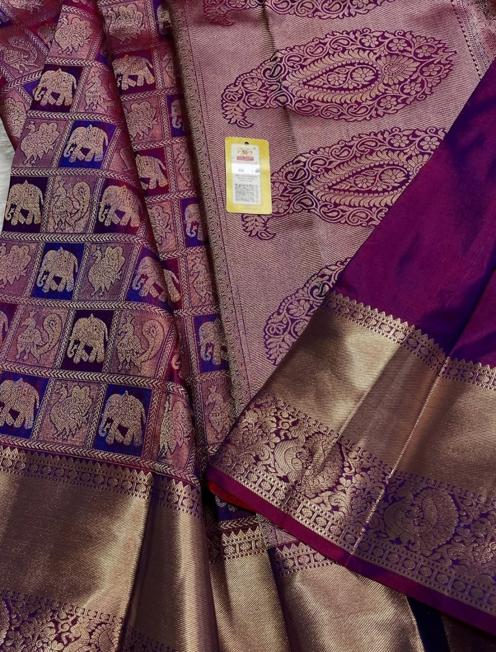 Royal Kanchipuram Silk Saree – Purple & Gold Zari with Elephant & Peacock Motifs