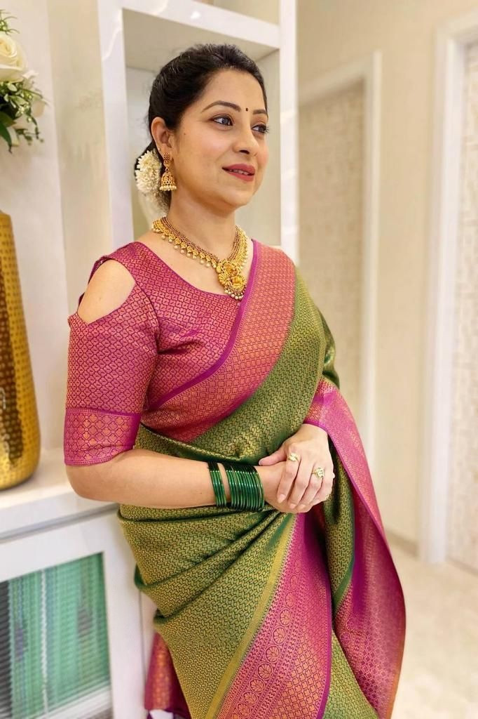 Traditional Green Lichi Silk Saree with Jacquard Zari Border and Blouse indian