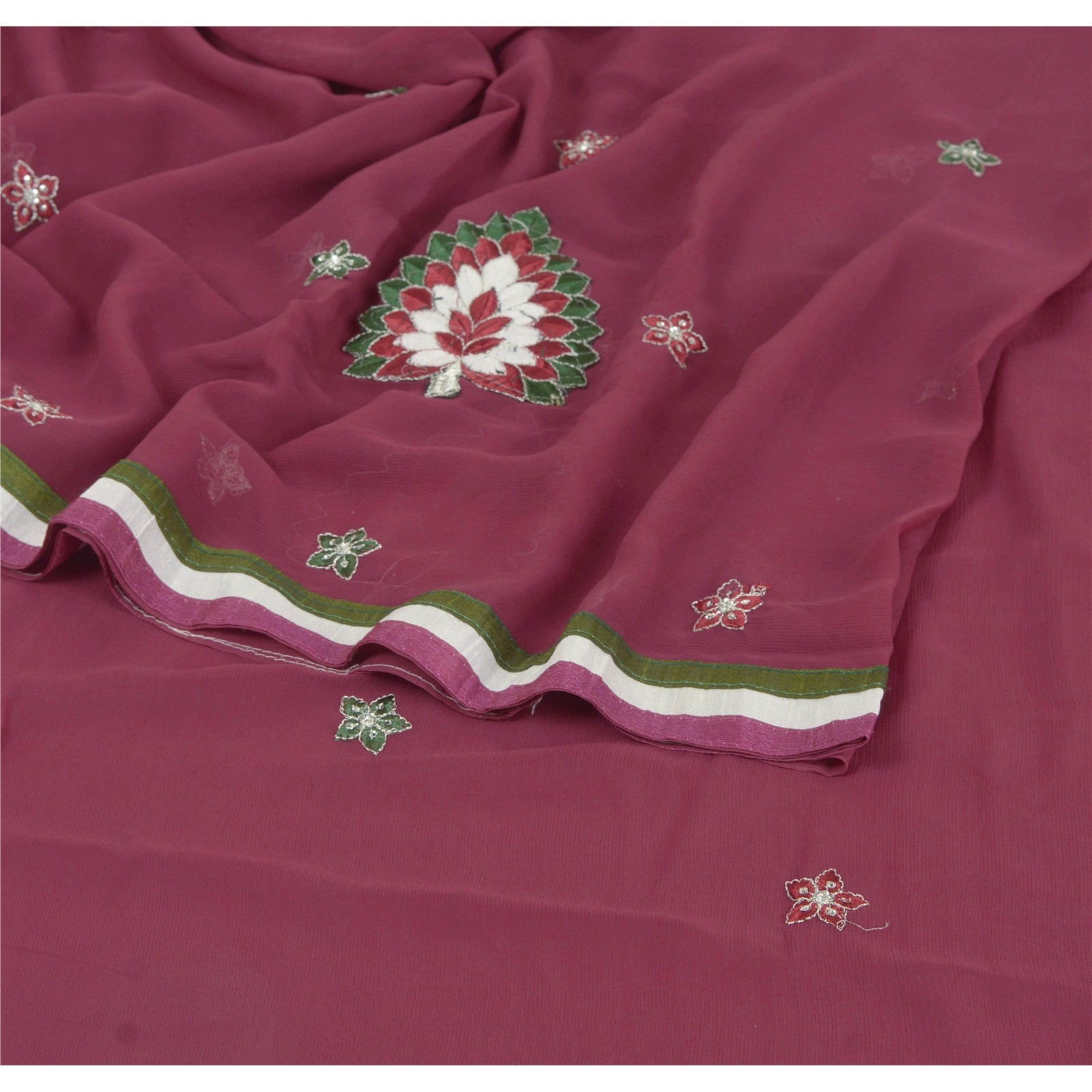 Sanskriti Vintage Dark Red Fashion Sari Hand Beaded Georgette Sarees W/Blouse Pc
