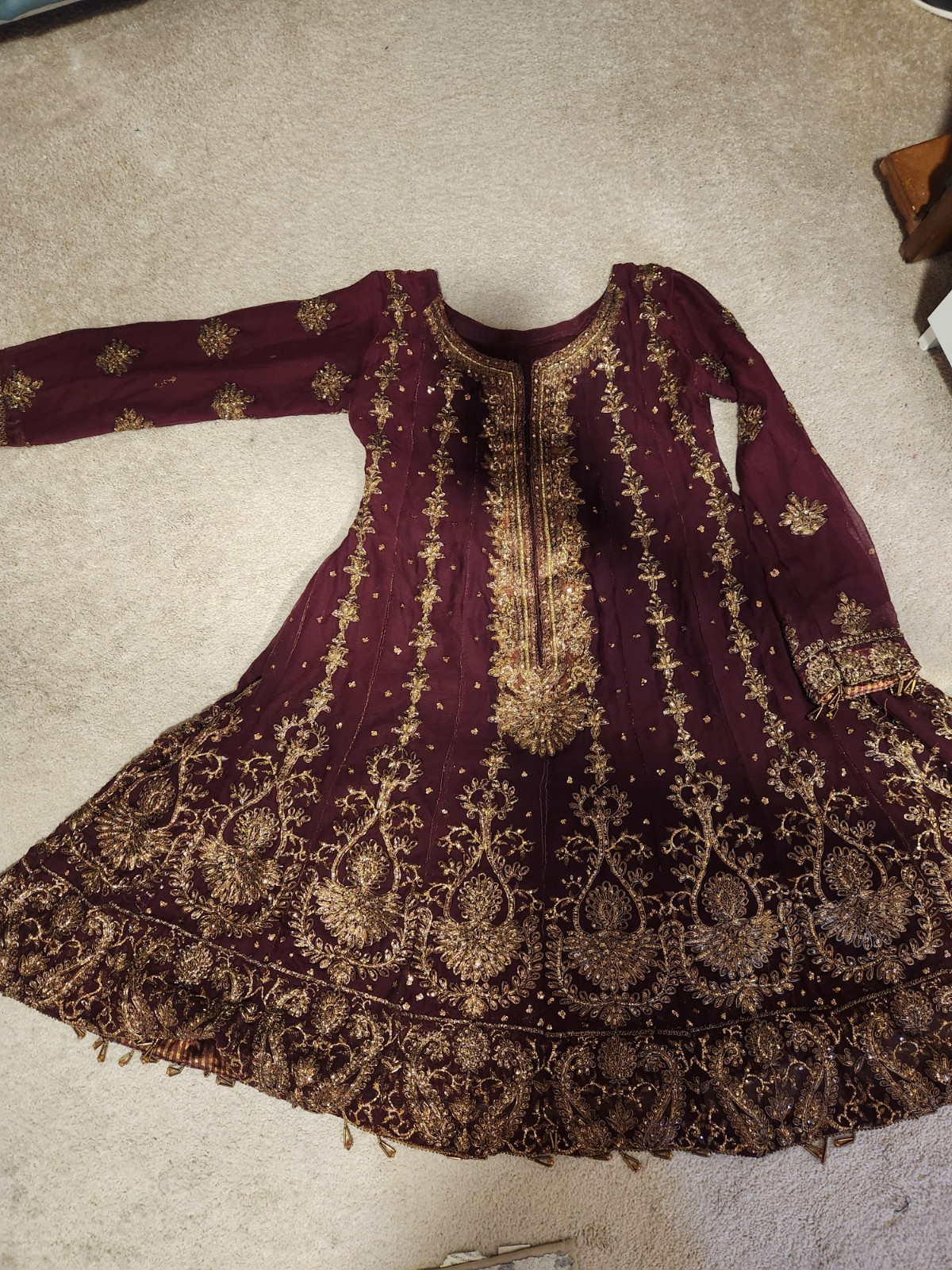NEW Maroon And Orange Gold Embellished Indian Anarkali Dress Eid Wedding Party