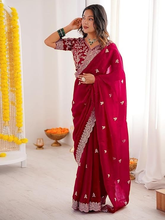 Women’s Tissue Silk Sequence Embroidery Saree With Unstitched Blouse Piece