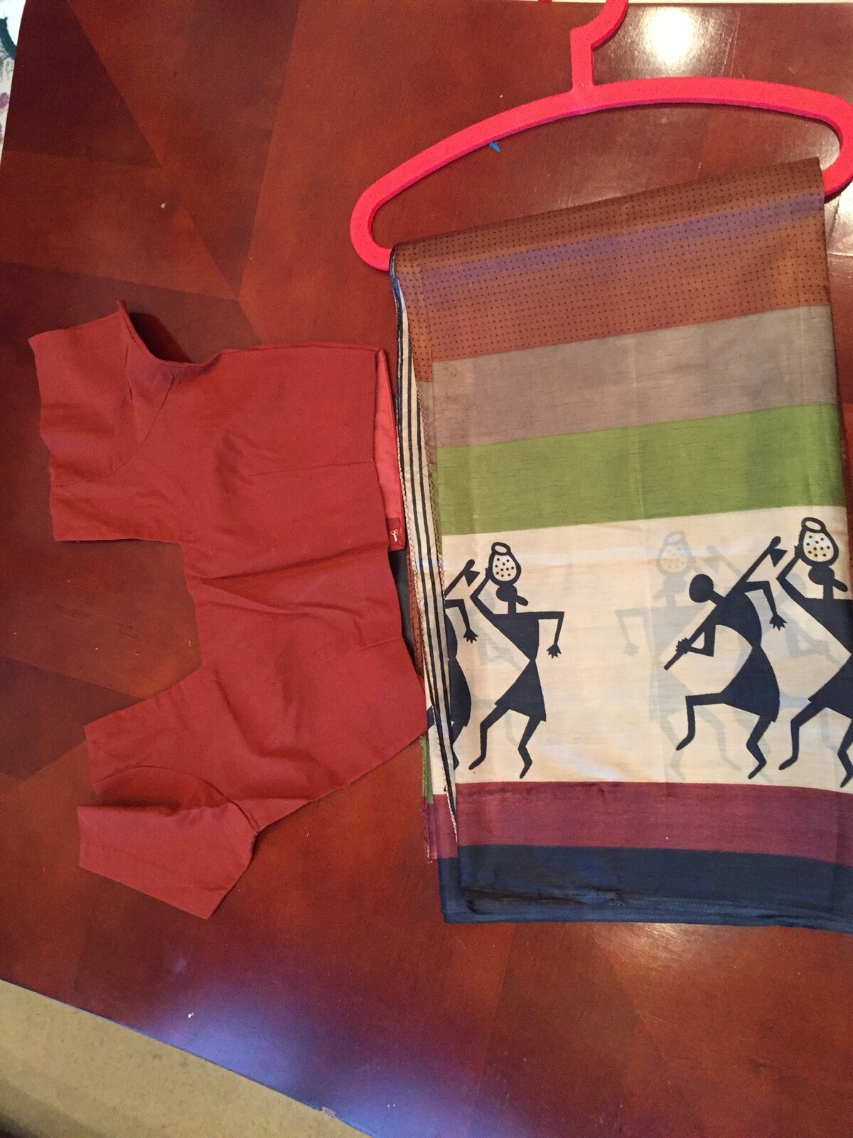 Brown/Green Printed Light Weight Art Silk Saree with stitched blouse & falls