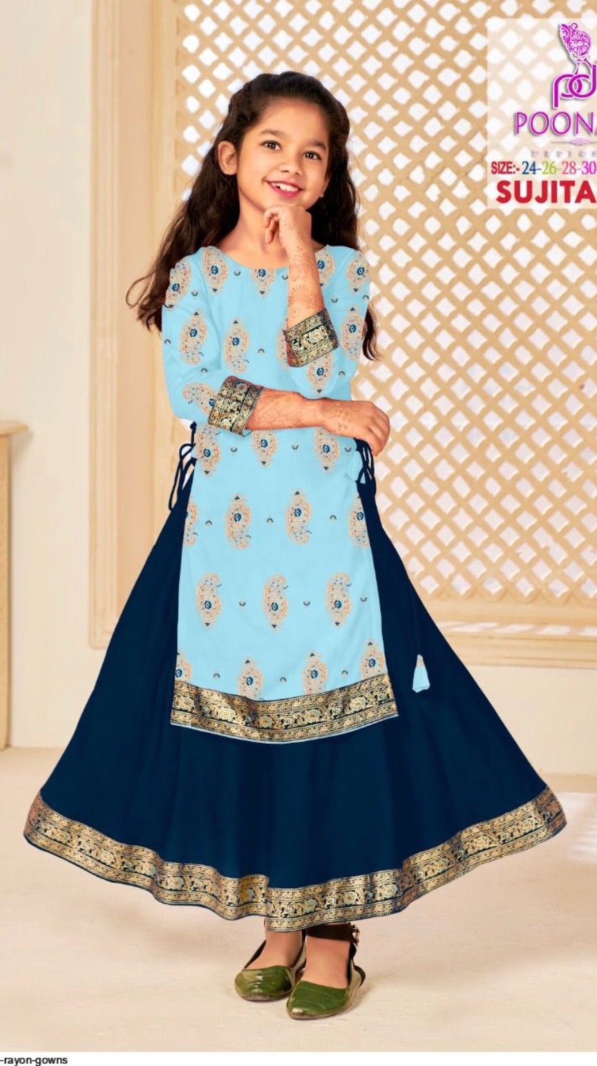 Elegant Girls Rayon Foil Printed Gown,Style Traditional Dress, Cultural Wear, 13
