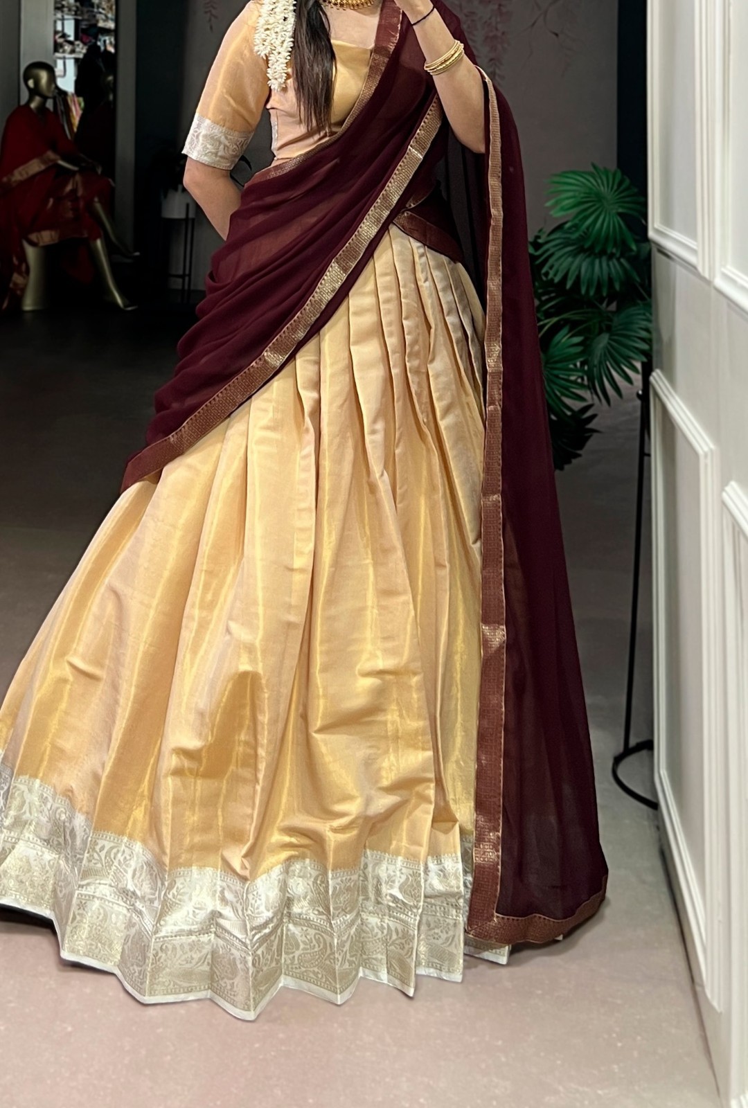 New Launching Kanchipuram Cream Lehenga Choli With Dupatta For Function Wear