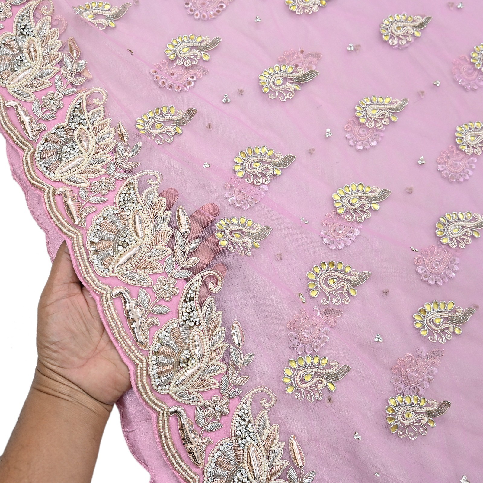 Indian Vintage Sari Pink Net/Mesh Hand Embroidered Anamika Khanna Designer Saree