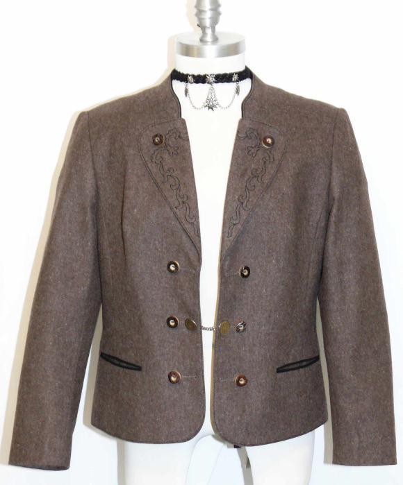 WOOL Women German Dirndl JACKET Coat EMBROIDERY Hunting Riding BROWN B39″ 8 S