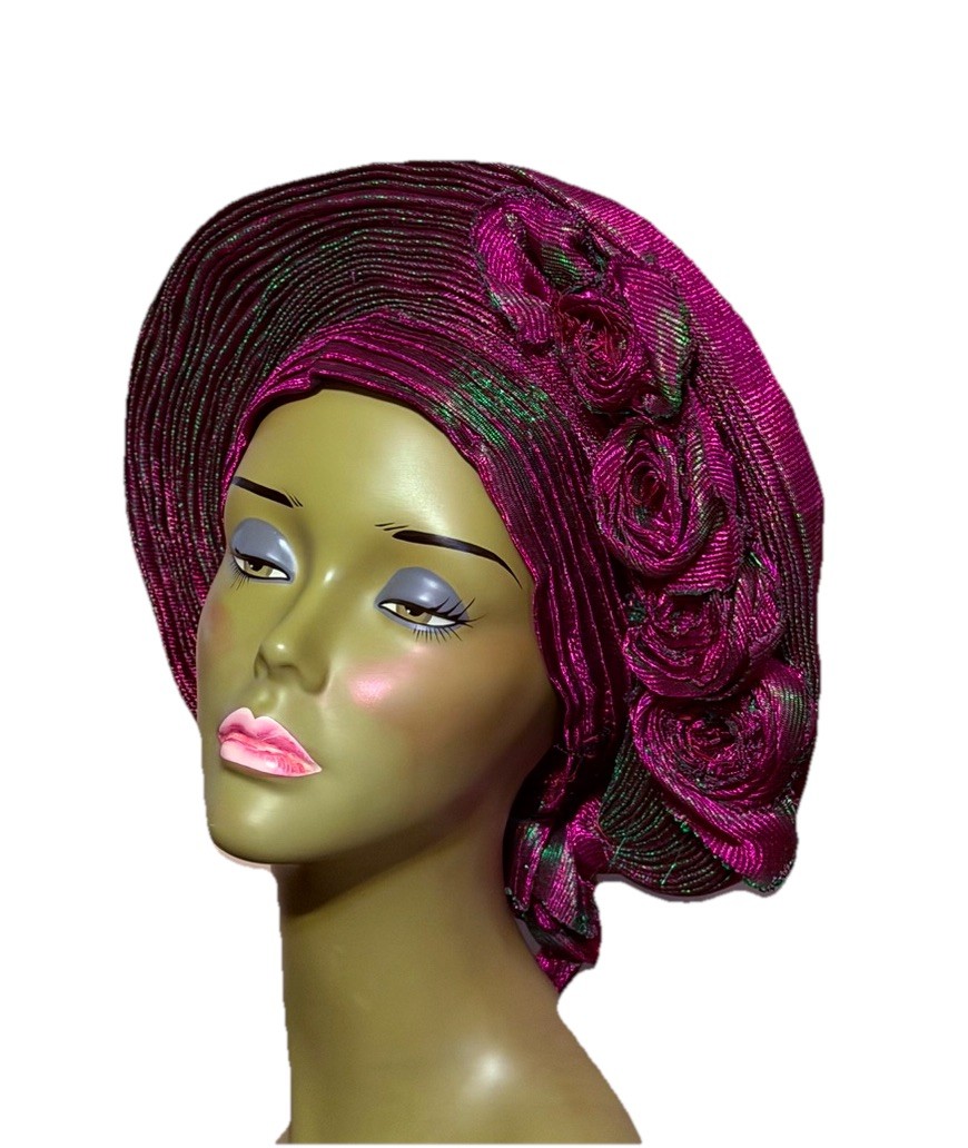 Aso-Oke African Headtie Auto Gele, Royal Empress headwear Fuchsia/Green