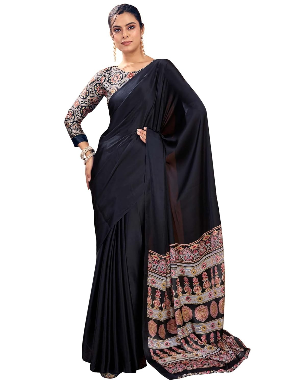 Women’s Satin Silk Ajrak Printed Saree With Unstitched Blouse Piece