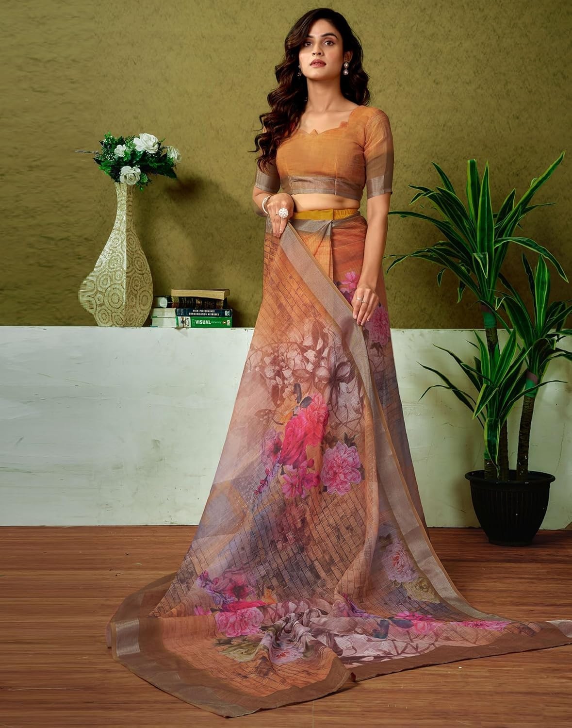 Women’s Cotton Linen Printed 1 Minute Ready to Wear Saree With Unstitched Blouse