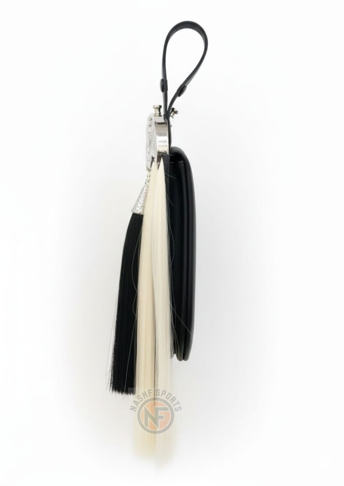 White Synthetic Horsehair Sporran with Chrome Thistle Cantle & Black Tassels