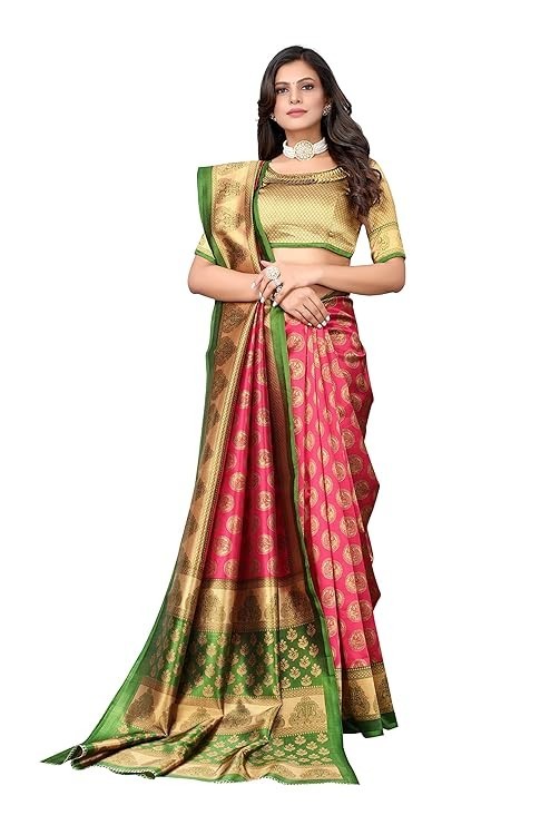 Women’s Pink Green Art Silk Saree Gold Zari Woven Traditional Indian Ethnic Wear
