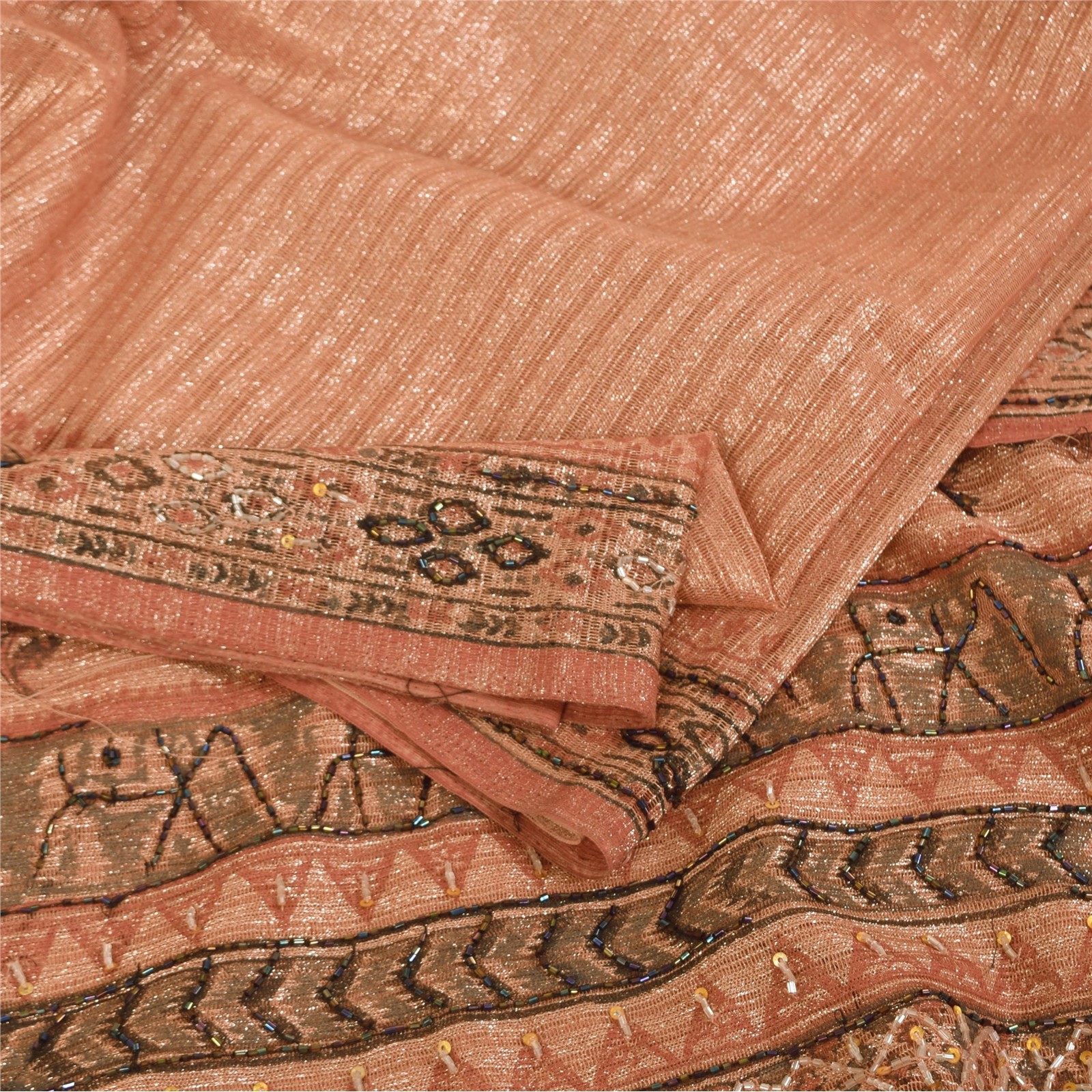 Sanskriti Vintage Pink Sarees Net Mesh Hand Beaded Printed Designer Sari Fabric