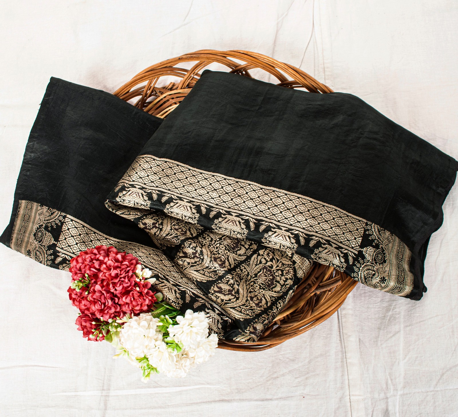 Sanskriti Vintage Black Pure Satin Sarees Banarasi Brocade Zari Hand-Woven 5+Yd